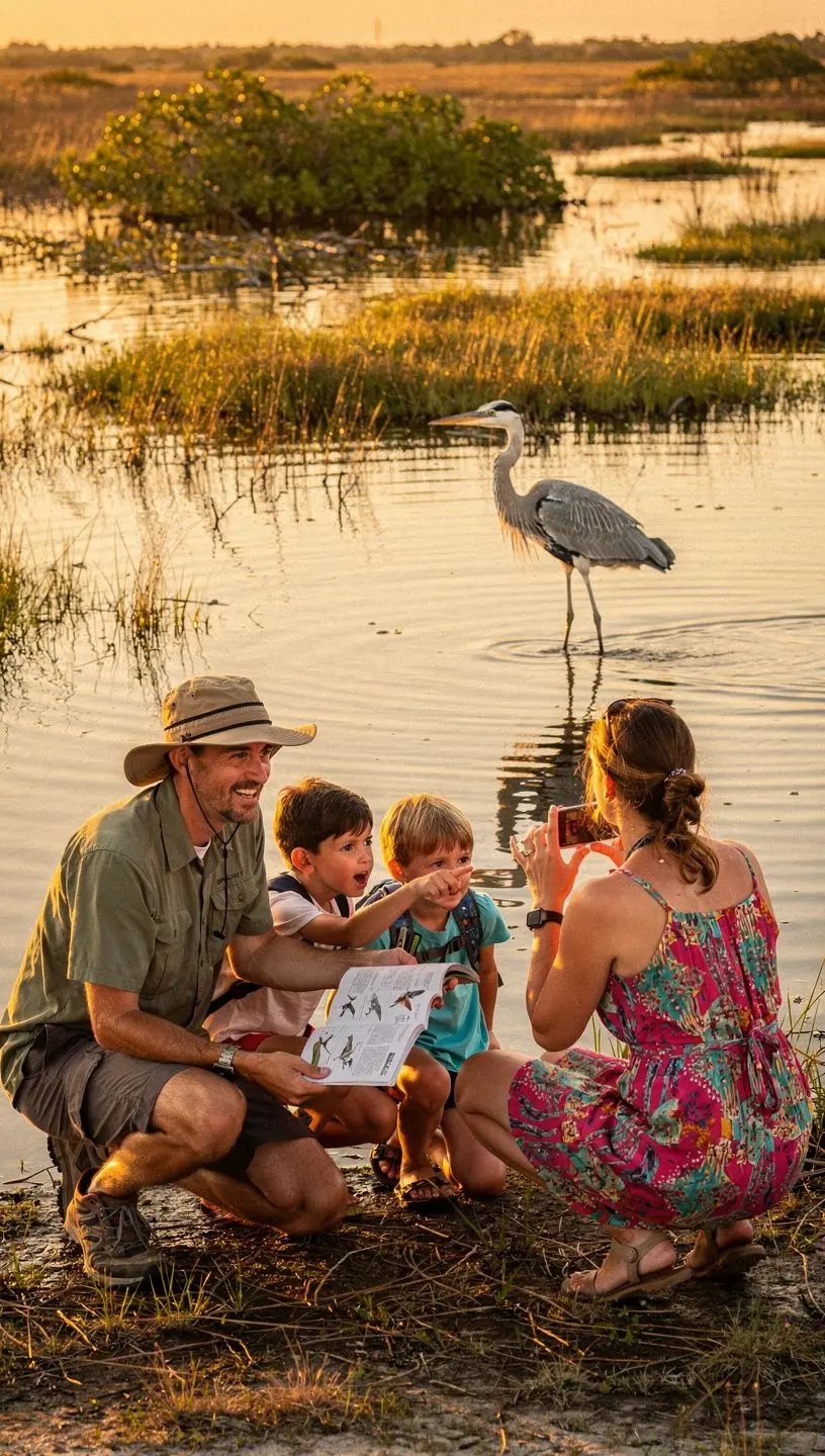 Группа туристов, наблюдающих за редкими птицами в национальном парке.