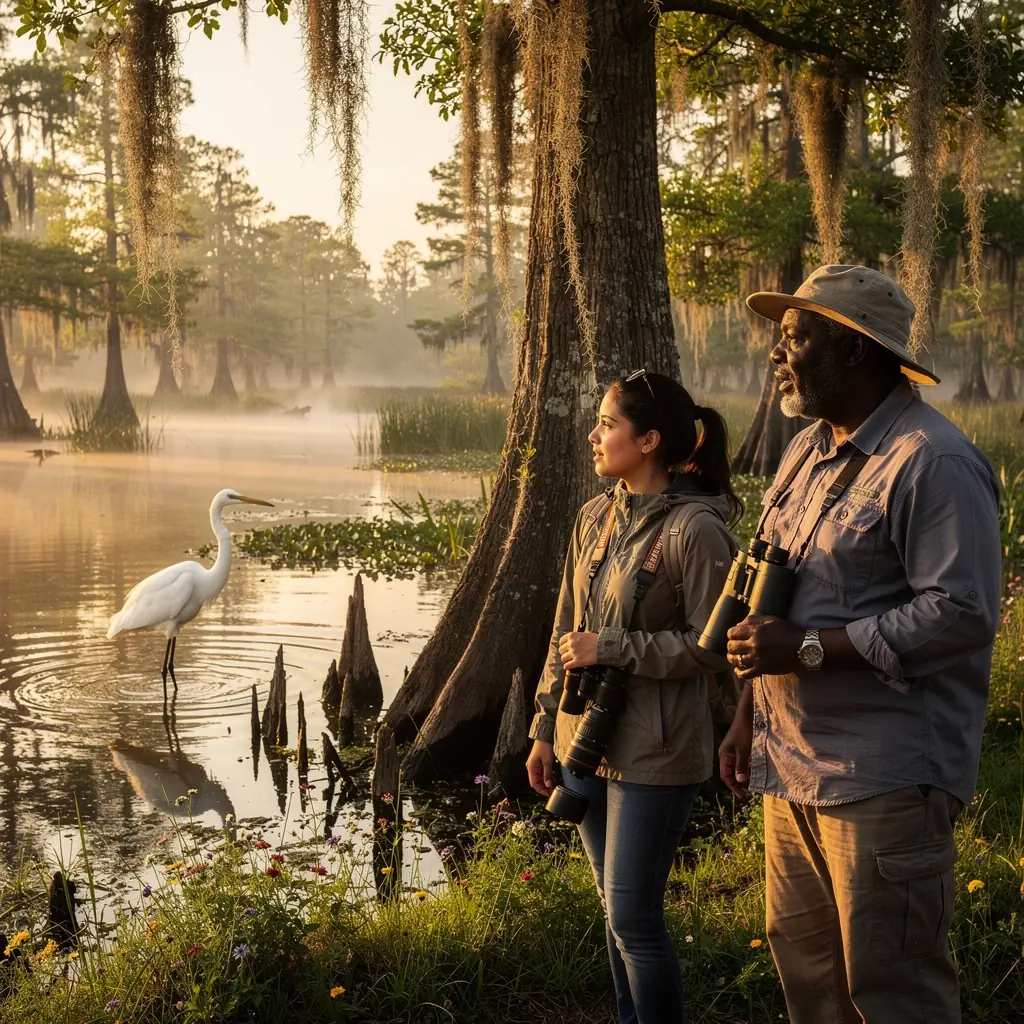 Красивый пейзаж с птицами, летающими над озером на закате.