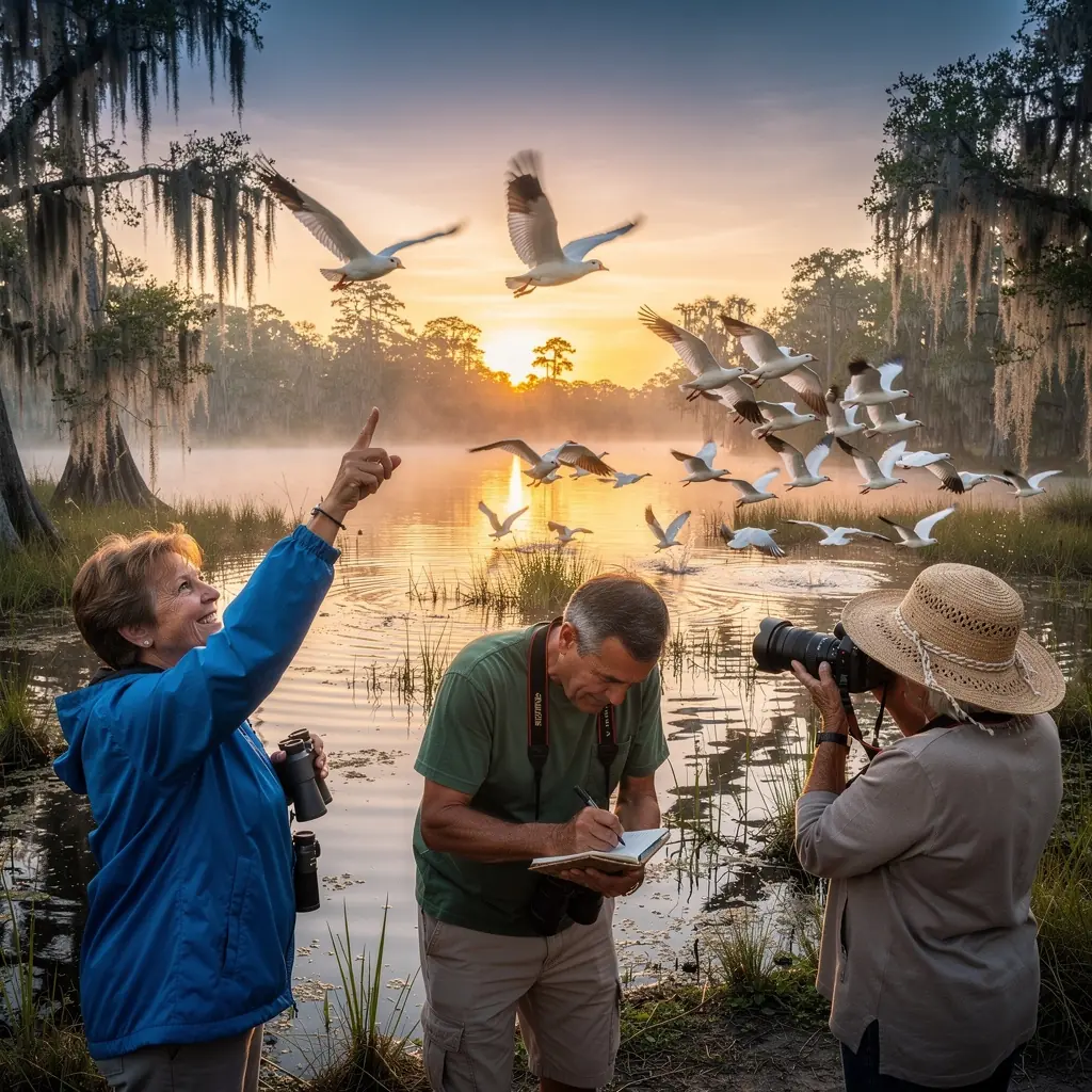 Экспедиция по наблюдению за птицами в живописном национальном парке США.