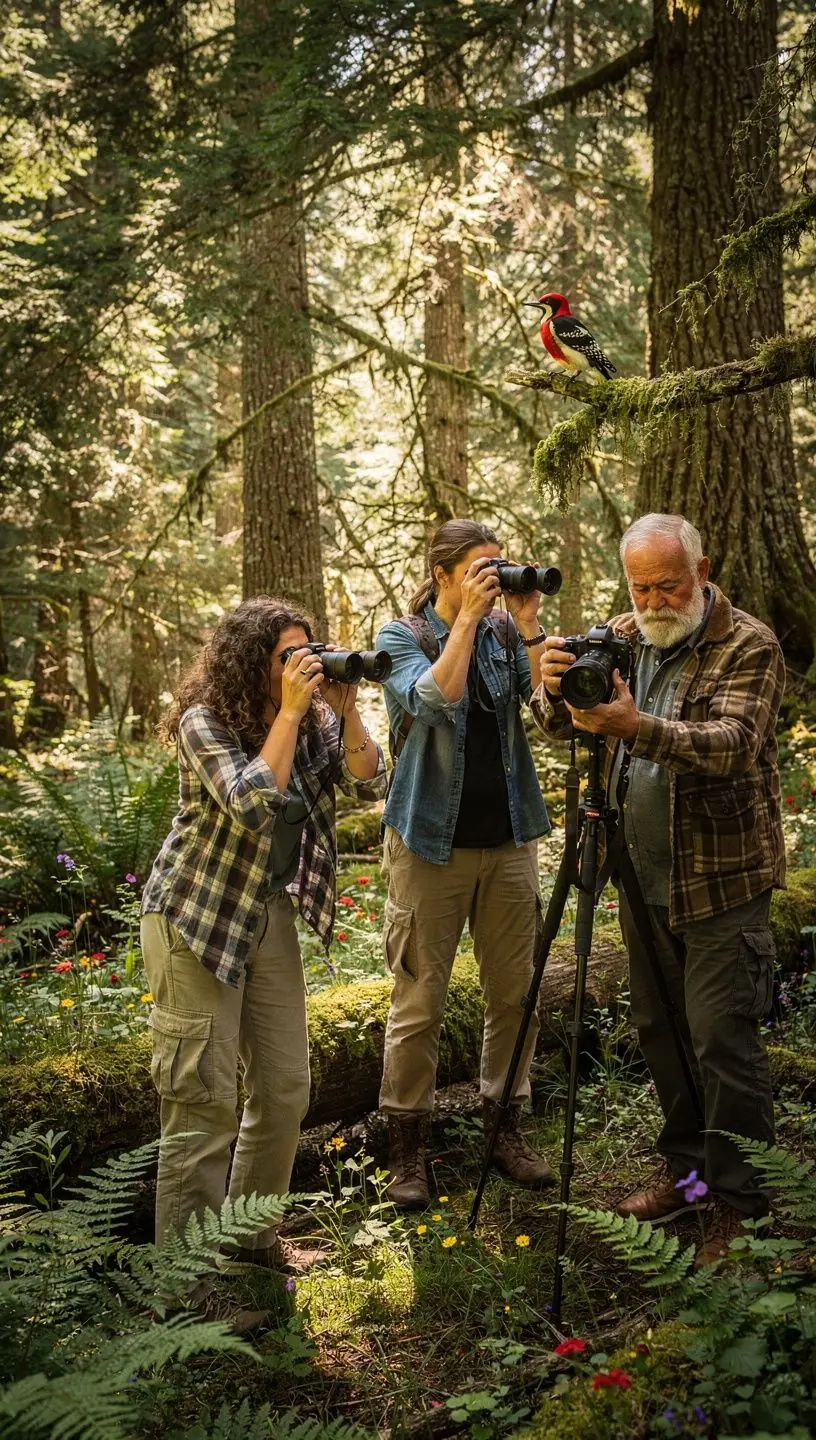 Экспедиция по наблюдению за птицами в лесу с разнообразными видами.