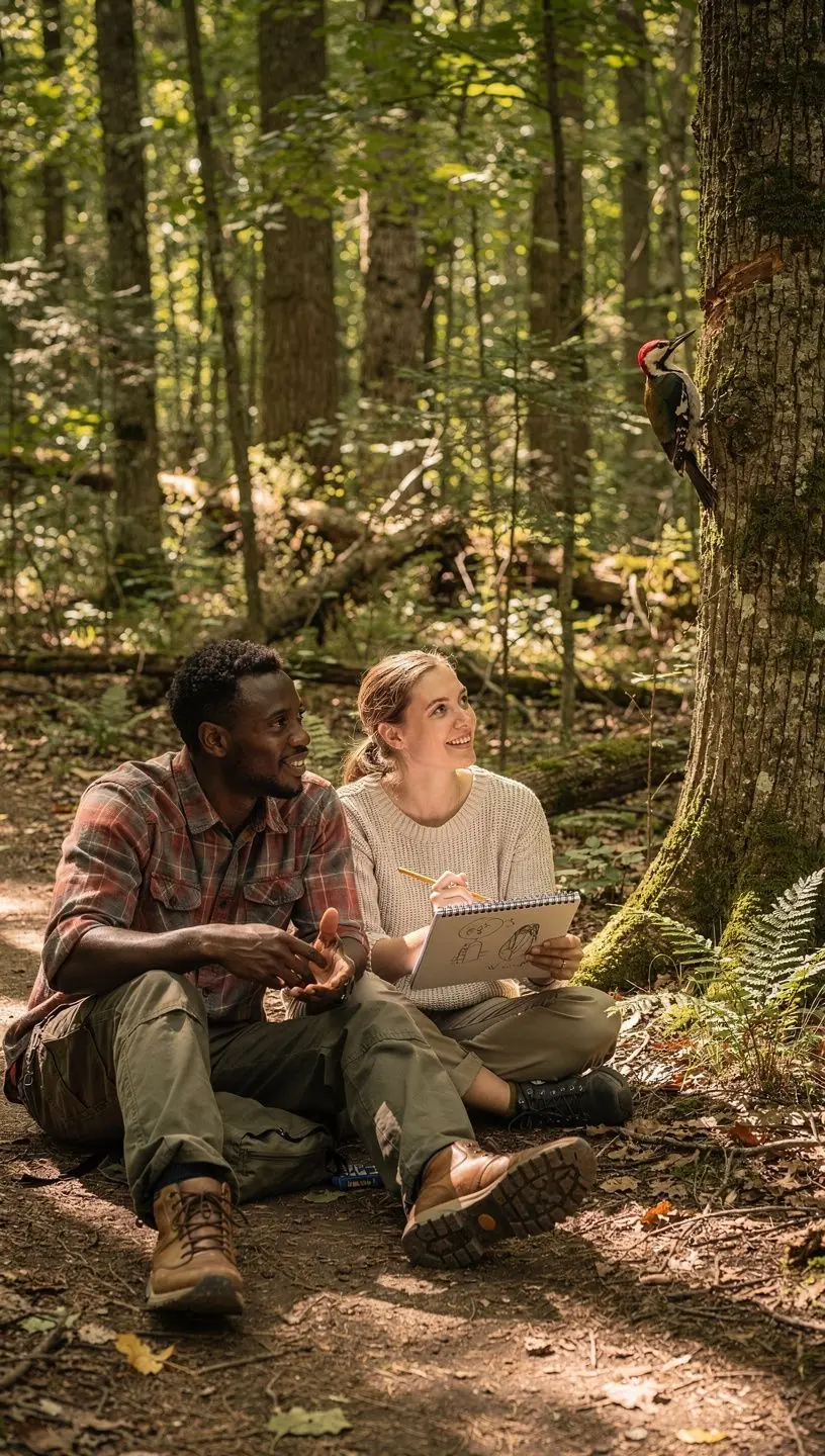 Сцена с наблюдателями за птицами, использующими бинокли для изучения миграционных путей.