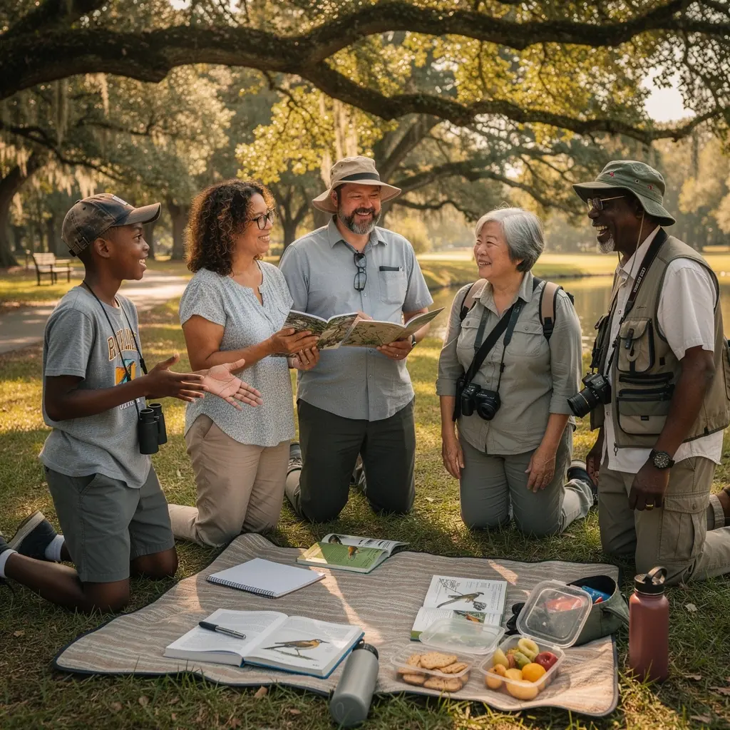 Стая птиц, летящих над живописным ландшафтом США во время миграции.